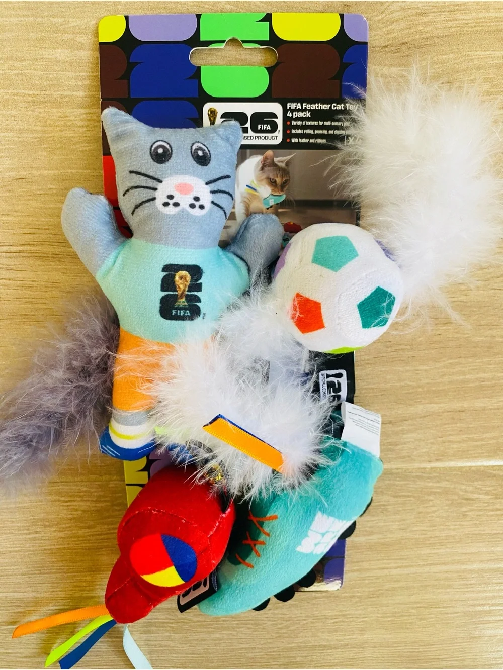 FIFA World Cup 26 Official Feather Cat Toy 4 Pack Set Plush Souvenir Ball NWT⁠